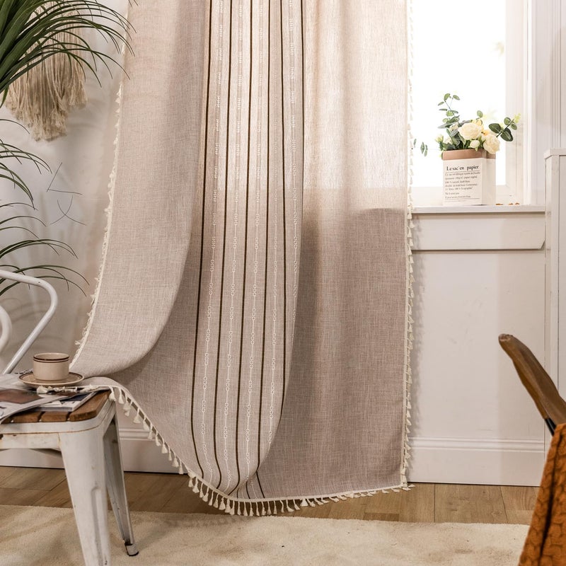 Deeprove Boho Style Curtains 96 inches Long  Vintage Bohemian Embroidery Striped Farmhouse Cotton Linen Fringe Window Treatments Bedroom Living Room Nursery  W52 x L96  1 Panel Khaki and Brown - Image 2