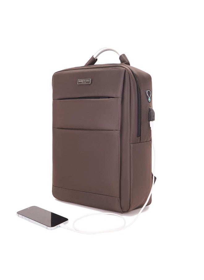 Kenneth Cole - KENNETH COLE Unisex Laptop Backpack, Bag, Stylish & Modern Design With A Unique Usb Charging Port Feature (Brown) - Image 1