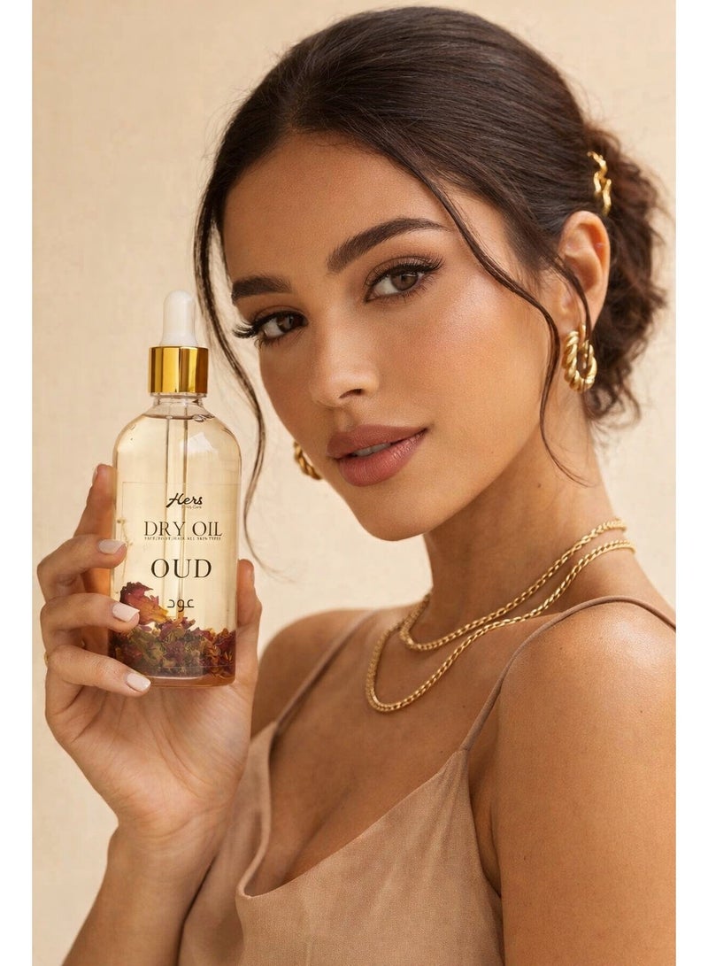 هيرز دراي أويل عود 100 مل للبشرة والوجه والشعر، زيت خفيف سريع الامتصاص يرطب وينعم بدون أي أثر دهني مع عطر عود فاخر - Image 2