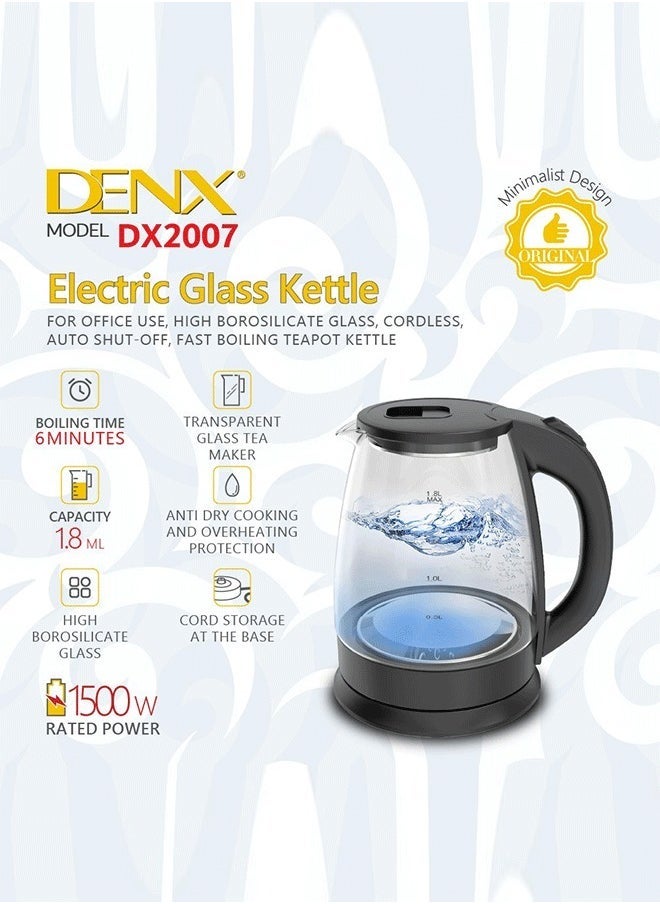Denx Glass Electric Kettle, Capacity 1.8 Liters, 1500 Watts - Image 3