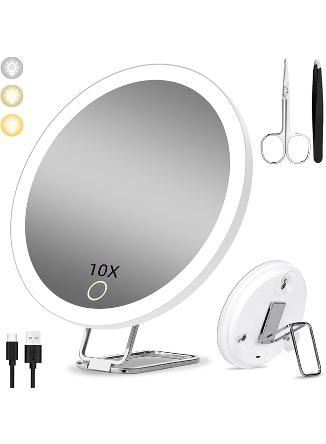 erorex Magnifying Mirror Lighted 10X 3 Color Modes Dimming Light 6Inch Large Rechargeable Magnifying Mirror With 3 Suction Cups 360° Stand High Magnification Makeup Mirror With Tweezers Scissors - Image 1