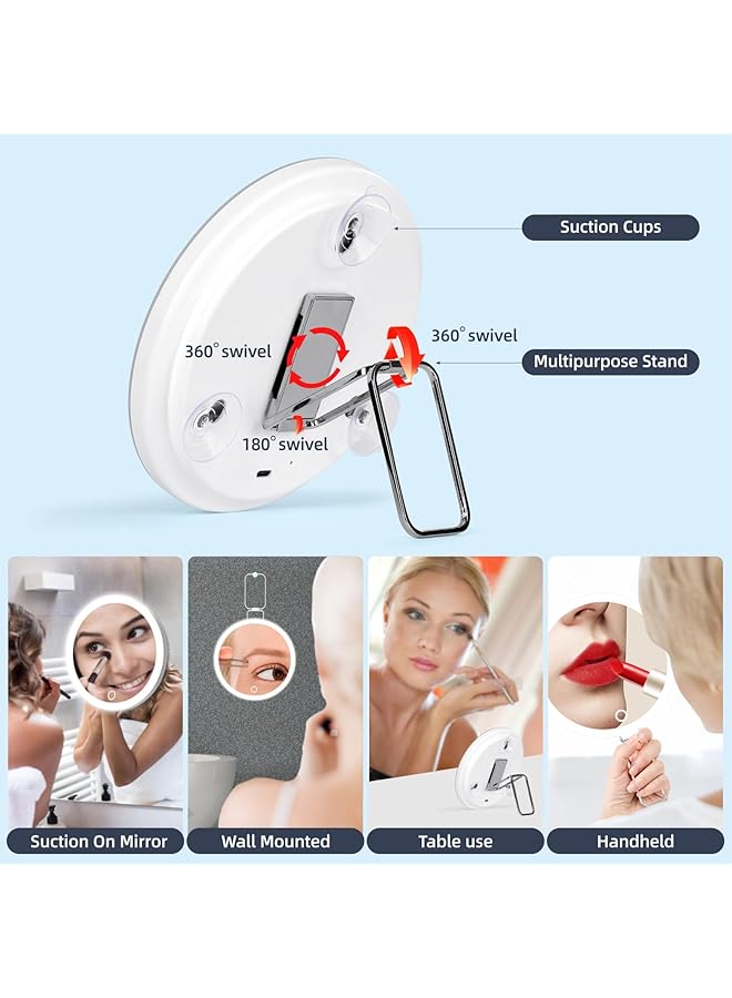 erorex Magnifying Mirror Lighted 10X 3 Color Modes Dimming Light 6Inch Large Rechargeable Magnifying Mirror With 3 Suction Cups 360° Stand High Magnification Makeup Mirror With Tweezers Scissors - Image 5