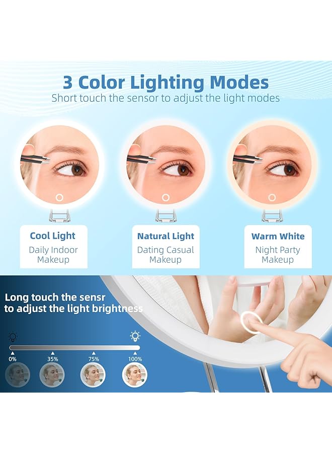 erorex Magnifying Mirror Lighted 10X 3 Color Modes Dimming Light 6Inch Large Rechargeable Magnifying Mirror With 3 Suction Cups 360° Stand High Magnification Makeup Mirror With Tweezers Scissors - Image 3