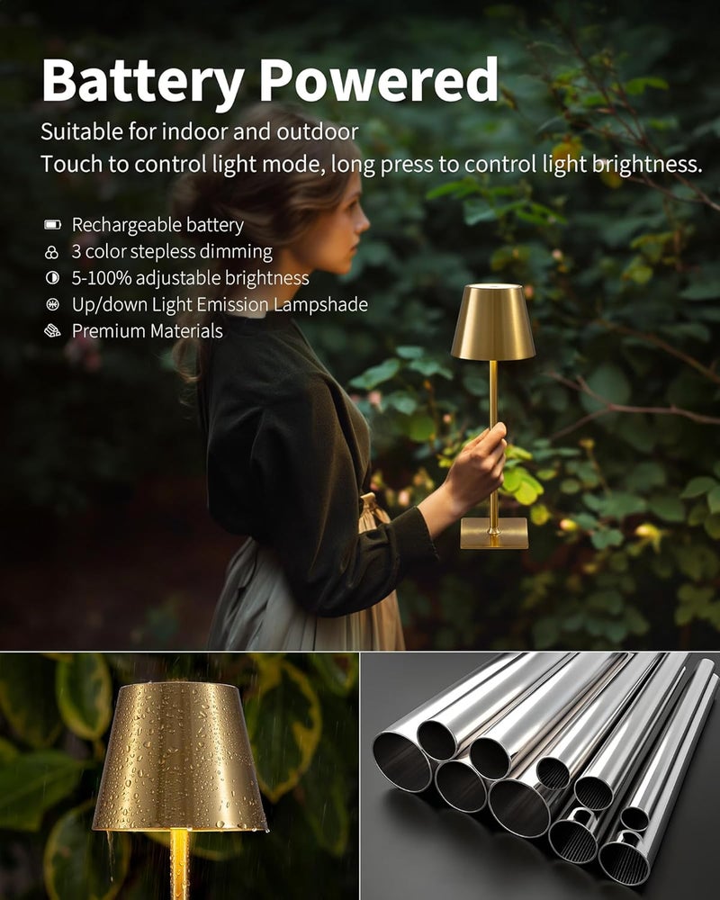 KDG 2 Pack Cordless Table Lamp,Portable LED Desk Lamp, 5000mAh Battery Operated, 3 Color Stepless Dimming Up, for Restaurant/Bedroom/Bars/Outdoor Party/Camping/Coffee Shop Night Light(Gold) - Image 4