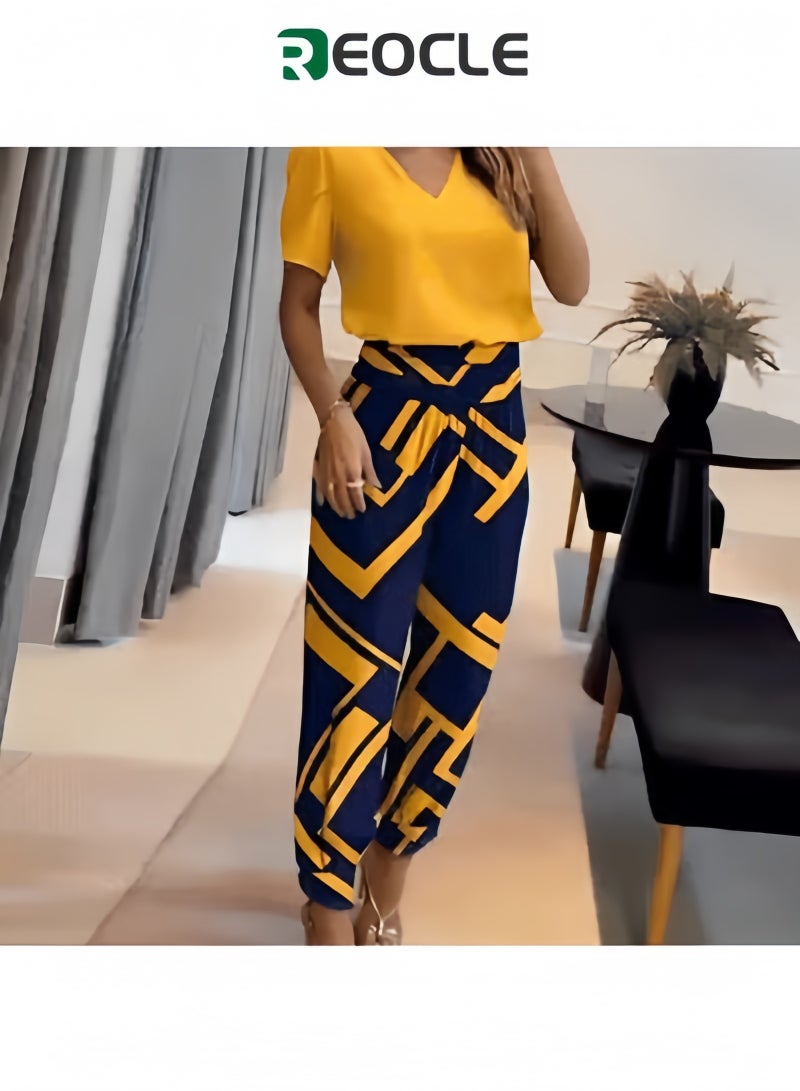 ريوكل طقم نسائي مكون من قطعتين، بدلة بنطلون بأكمام قصيرة مطبوعة، بدلة يومية كاجوال بتصميم زهور عصري وتصميم خصر وتصميم رقبة على شكل حرف V - Image 1