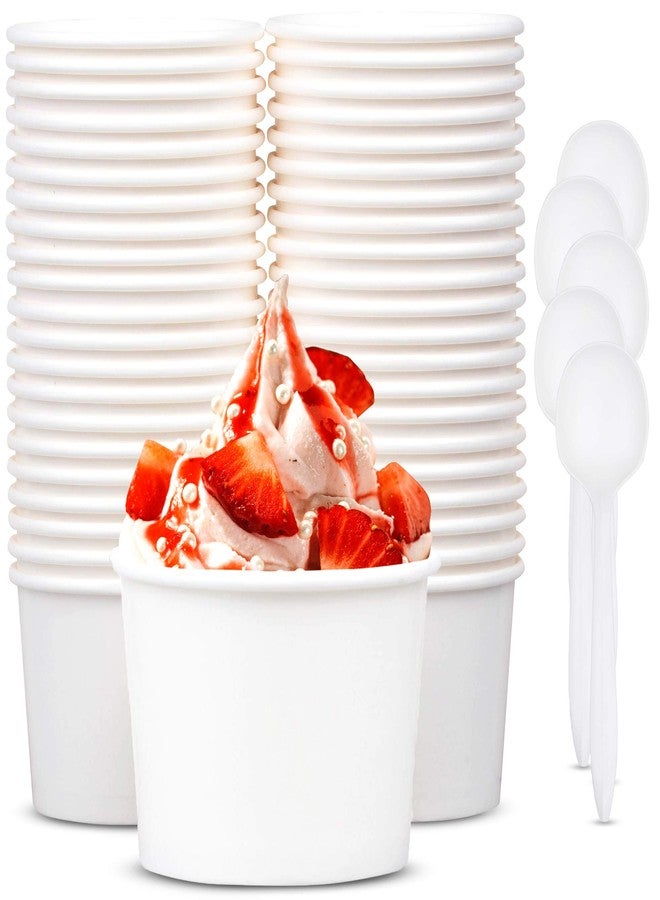Promora 12oz Paper Ice Cream Cups Disposable 50 Count + Spoons, Bowls for Hot Soup/Dessert with Spoons, Perfect for Hot & Cold Food, Disposable Soup Bowls, Ice Cream Bowls, Frozen Yogurt (White 12oz) - Image 1