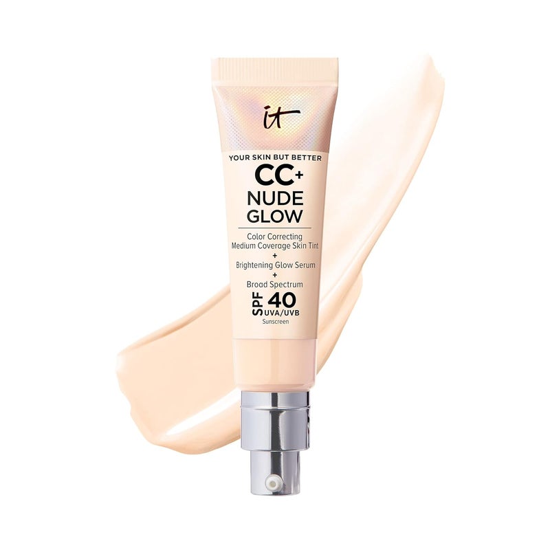 أساس خفيف الوزن من IT Cosmetics CC Nude Glow مع سيروم توهج مع SPF 40 مع النياسيناميد وحمض الهيالورونيك ومستخلص الشاي الأخضر 108 أونصة سائلة