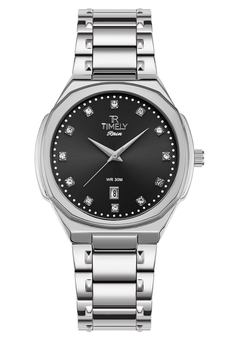 Men's Quartz Classic Wrist Watch Silver Stainless Steel Black Dial
