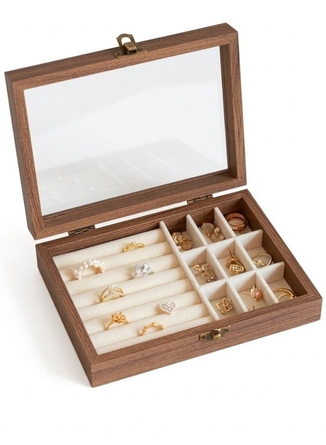 صندوق مجوهرات خشبي ومنظم لخواتم وأقراط وبروشات وأساورعلبة عرض بزجاج شفاف عالي الدقة وبطانة مخملية ناعمة – 7 صفوف للفات الخواتم تستوعب أكثر من 30 خاتم أو أقراط، و9 مربعات لتخزين الأساور والبروشات والأقراط الطويلة دون تشابك – تصميم كلاسيكي أنيق من الخشب الداكن مقاوم للرطوبة – مناسب للسفر والاستخدام اليومي - 20×15 سم - Image 2