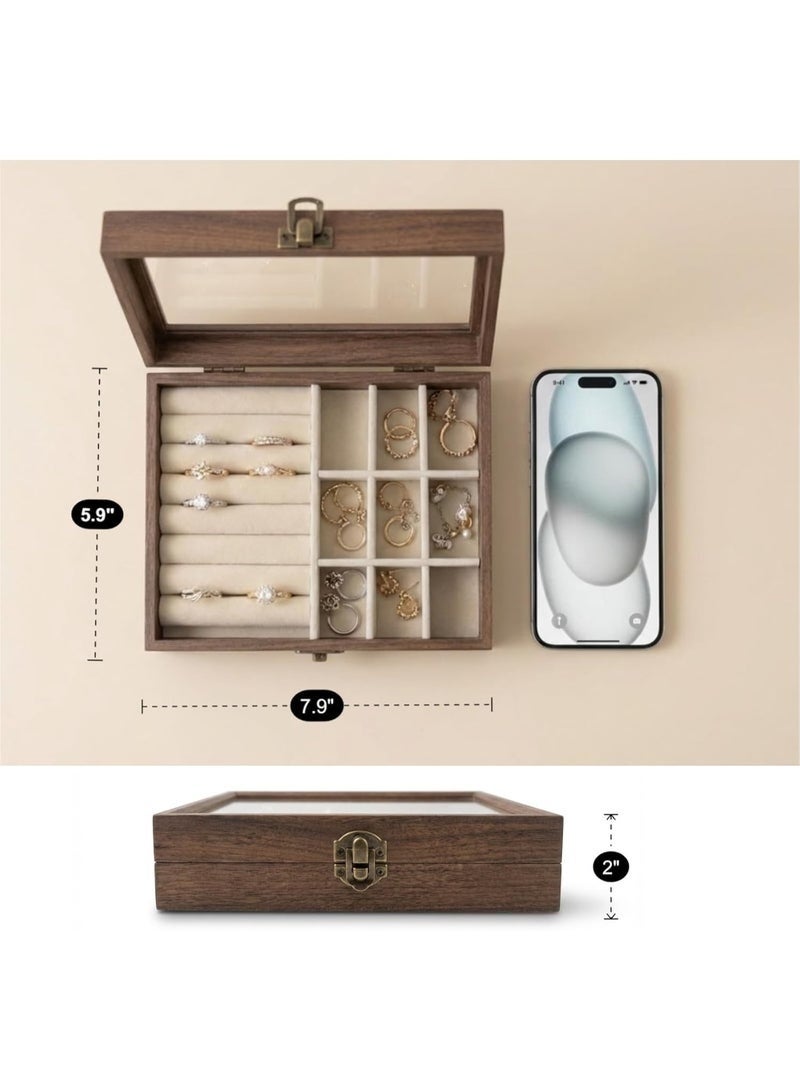 صندوق مجوهرات خشبي ومنظم لخواتم وأقراط وبروشات وأساورعلبة عرض بزجاج شفاف عالي الدقة وبطانة مخملية ناعمة – 7 صفوف للفات الخواتم تستوعب أكثر من 30 خاتم أو أقراط، و9 مربعات لتخزين الأساور والبروشات والأقراط الطويلة دون تشابك – تصميم كلاسيكي أنيق من الخشب الداكن مقاوم للرطوبة – مناسب للسفر والاستخدام اليومي - 20×15 سم - Image 5