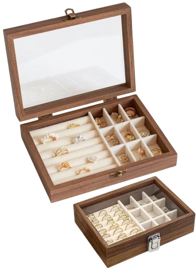 صندوق مجوهرات خشبي ومنظم لخواتم وأقراط وبروشات وأساورعلبة عرض بزجاج شفاف عالي الدقة وبطانة مخملية ناعمة – 7 صفوف للفات الخواتم تستوعب أكثر من 30 خاتم أو أقراط، و9 مربعات لتخزين الأساور والبروشات والأقراط الطويلة دون تشابك – تصميم كلاسيكي أنيق من الخشب الداكن مقاوم للرطوبة – مناسب للسفر والاستخدام اليومي - 20×15 سم - Image 1