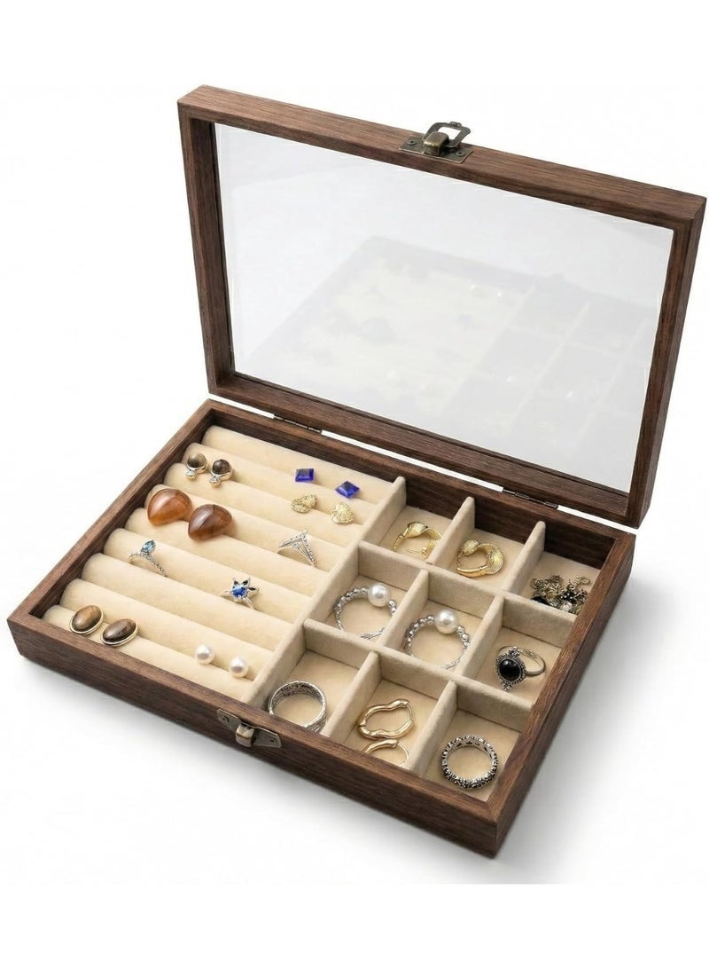 صندوق مجوهرات خشبي ومنظم لخواتم وأقراط وبروشات وأساورعلبة عرض بزجاج شفاف عالي الدقة وبطانة مخملية ناعمة – 7 صفوف للفات الخواتم تستوعب أكثر من 30 خاتم أو أقراط، و9 مربعات لتخزين الأساور والبروشات والأقراط الطويلة دون تشابك – تصميم كلاسيكي أنيق من الخشب الداكن مقاوم للرطوبة – مناسب للسفر والاستخدام اليومي - 20×15 سم - Image 3