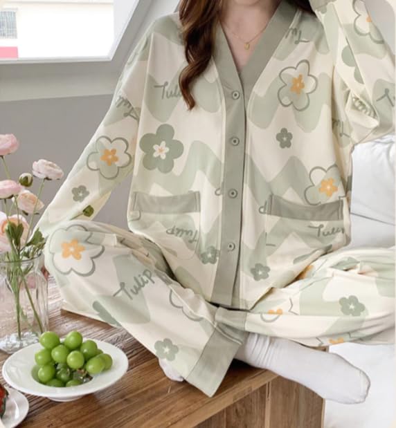 Celary Korean Style Women’s Night Suit|| Cute Printed Pajama Set with Long Sleeve Top & Pants|| Cotton Loungewear||Winter Night Dress|| Full Sleeves with Front Buttons - Image 2