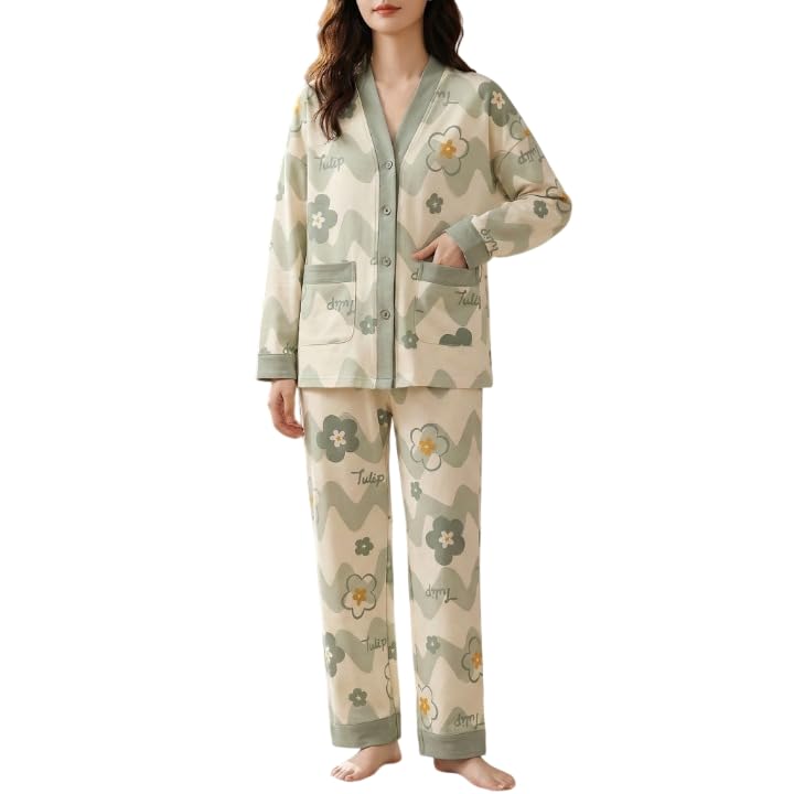 Celary Korean Style Women’s Night Suit|| Cute Printed Pajama Set with Long Sleeve Top & Pants|| Cotton Loungewear||Winter Night Dress|| Full Sleeves with Front Buttons - Image 1