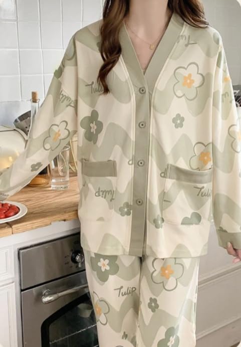 Celary Korean Style Women’s Night Suit|| Cute Printed Pajama Set with Long Sleeve Top & Pants|| Cotton Loungewear||Winter Night Dress|| Full Sleeves with Front Buttons - Image 5