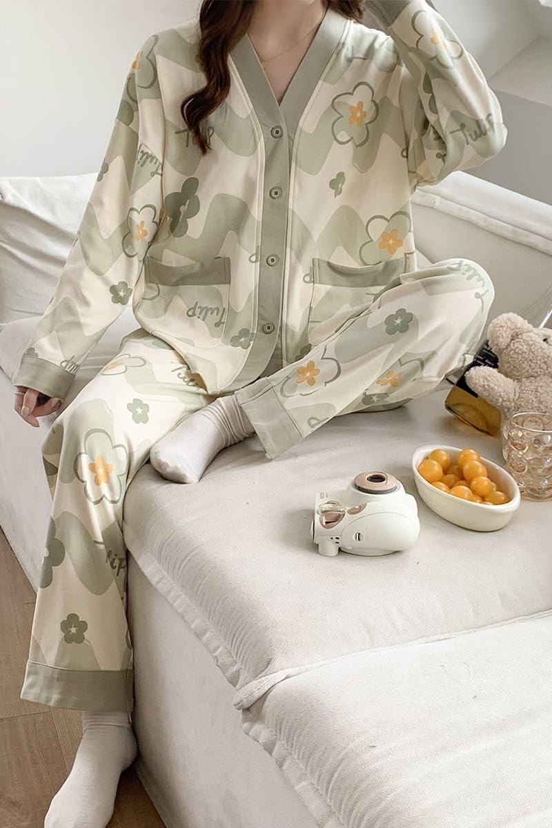 Celary Korean Style Women’s Night Suit|| Cute Printed Pajama Set with Long Sleeve Top & Pants|| Cotton Loungewear||Winter Night Dress|| Full Sleeves with Front Buttons - Image 4