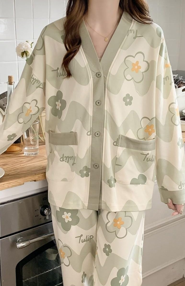 Celary Korean Style Women’s Night Suit|| Cute Printed Pajama Set with Long Sleeve Top & Pants|| Cotton Loungewear||Winter Night Dress|| Full Sleeves with Front Buttons - Image 3