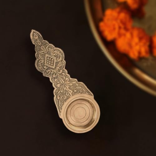 DOKCHAN Brass Embossed Kapoor aarti/Kapoor dani Brass/Kapoor Burner/Golden Color Kapoor Holder with Handle for Pooja, aarti (5.5 in, 1.00) - Image 4