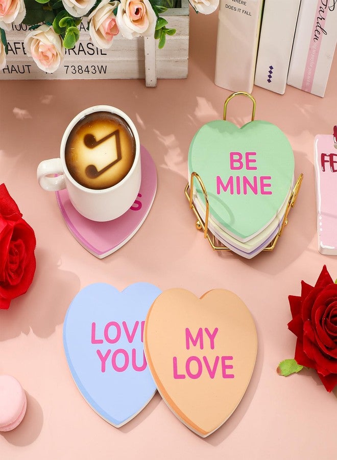 وولاين مجموعة قواعد أكواب سيراميك من والين، 6 قطع، لعيد الحب، قواعد أكواب على شكل قلوب محادثة مع حامل ذهبي، قواعد أكواب ملونة ماصة لحماية الطاولة، هدايا مثالية لأعياد الميلاد وحفلات الانتقال إلى منزل جديد، ديكور منزلي - Image 4