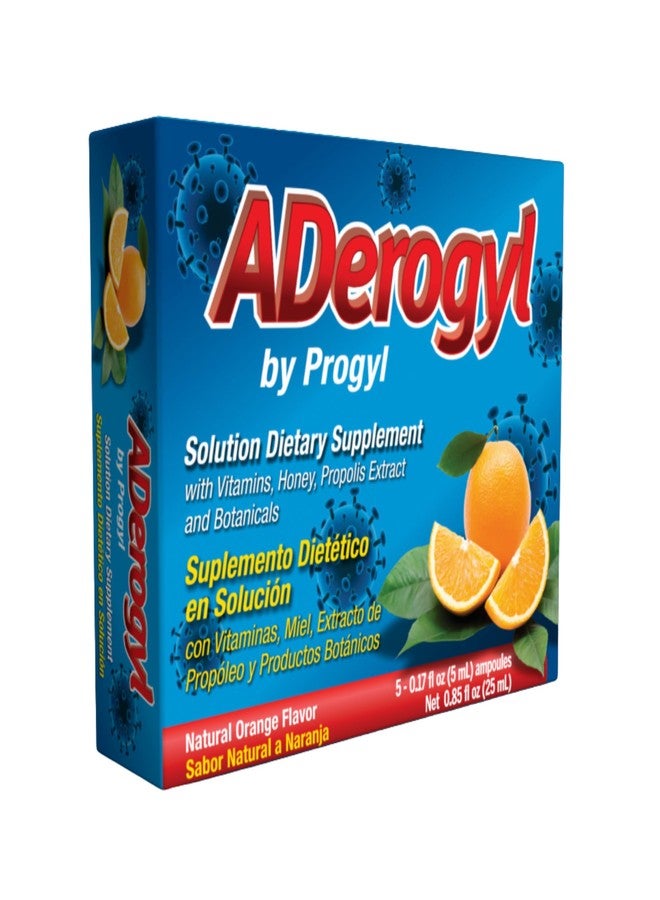 Aderogyl أديروجيل فيتامينات سائلة فموية مع فيتامينات أ، ج، د، هـ، زنك، عسل النحل، بروبوليس، ومستخلصات نباتية - بنكهة برتقال طبيعية - 5 أمبولات مكمل غذائي لدعم المناعة - أمبولات - Image 1