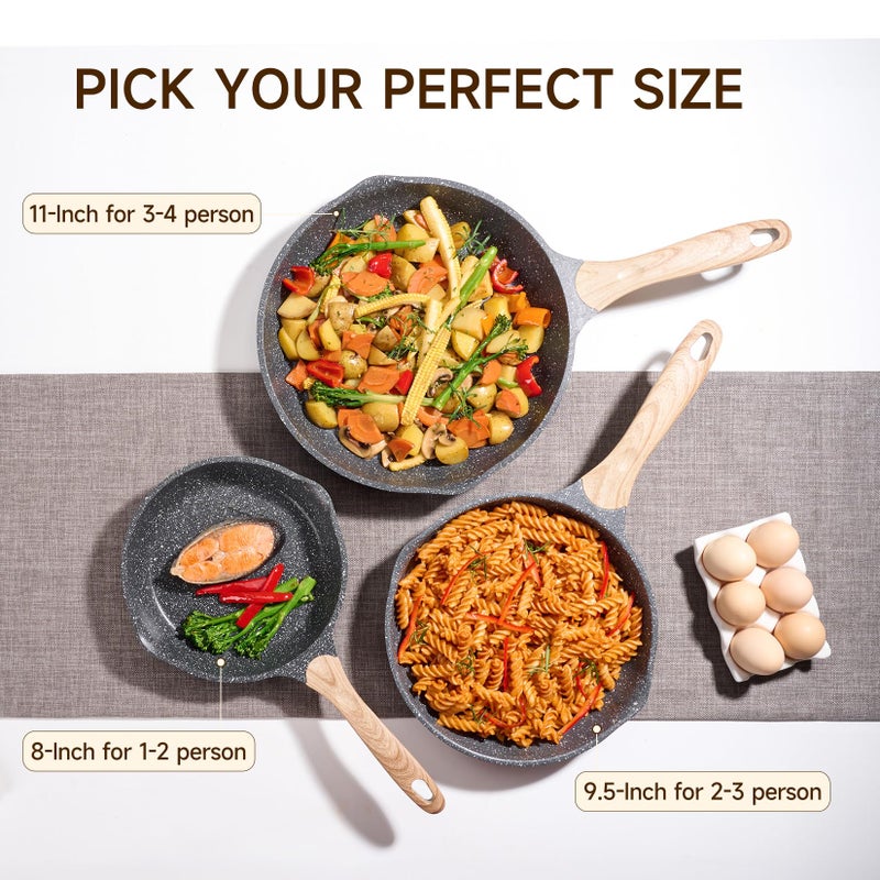 JEETEE 8 Inch Nonstick Frying Pan, Stone Coating Cookware, Nonstick Omelette Pan with Heat-Resistant Handle, Compatible with All Stoves (Grey) - Image 2