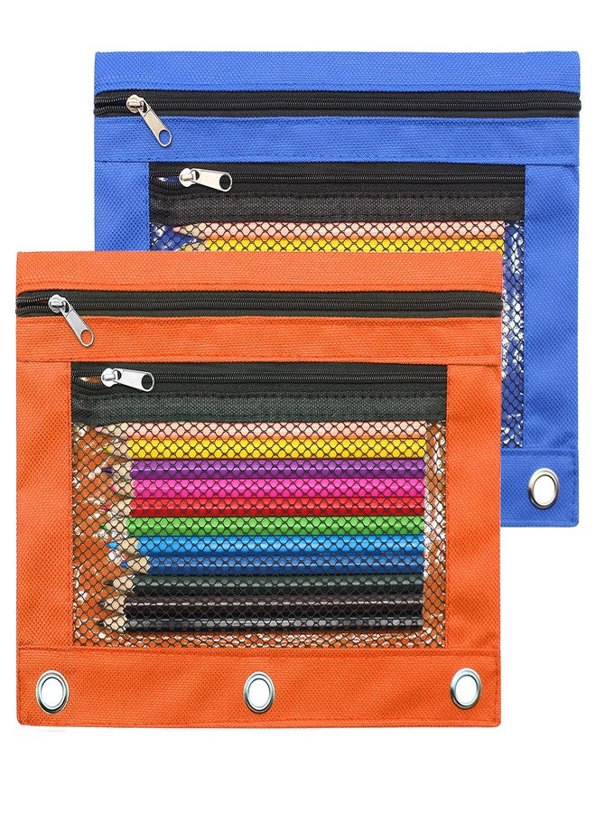Cinvo Pencil Pouch 3 Ring Binder Pouch Zippered Pencil Case Canvas Pencil Bag with 2 Compartments (Set of 2, Blue and Orange) - Image 1