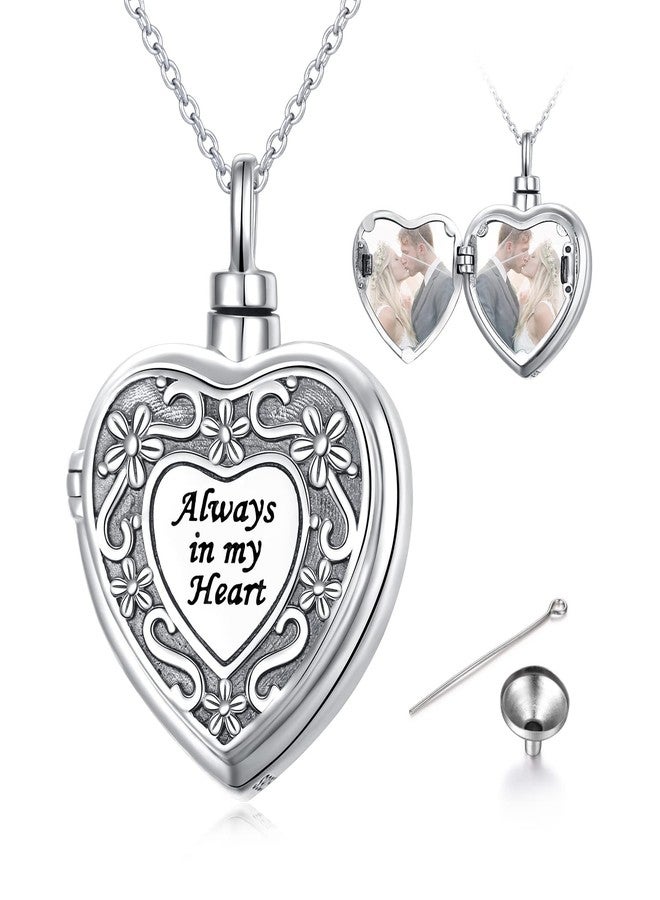 Yearace Ashes Locket that Hold Pictures Sterling Silver Urn Necklace for Ashes Always in My Heart Engraved Dainty Filigree Flower Heart Locket Pendant Necklace Memorial Keepsake Cremation Jewelry - Image 1