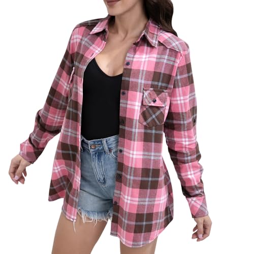 Match Womens Button Down Flannel Plaid Shirts roll up Long Sleeve Shackets Business Blouse Top (Small, Checks#16) - Image 1