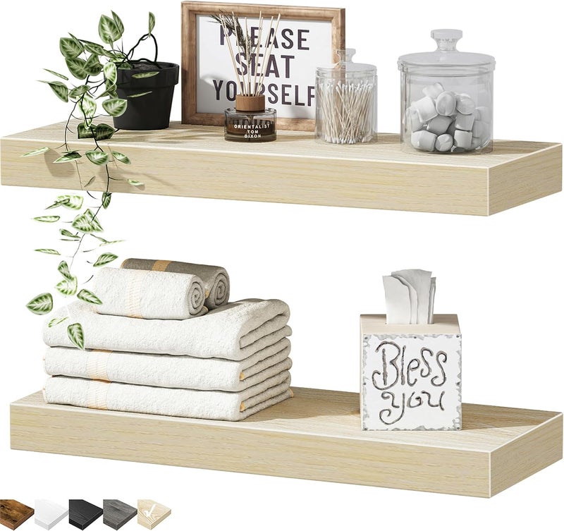 QEEIG Bathroom Floating Shelves for Wall - 15.7" Wall Mounted Shelf Over Toilet Farmhouse Home Decor Display Bookshelf Small 15.7 x 6.7 inch Set of 2, Natural (008-40N) - Image 1