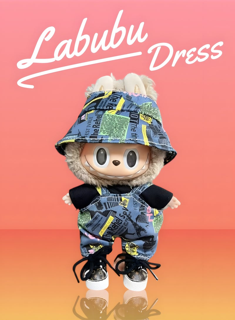 DECOR SOUQ 3-Piece Trendy Outfit for 17cm Labubu Doll – Stylish Doll Clothes Set with Printed Skirt, Crop Top & Suspenders | Trendy Mini Fashion Clothes for Labubu Figures | Easy Wear Soft Fabric | Labubu Accessories & Dress Up Play | Limited Stock - Image 1