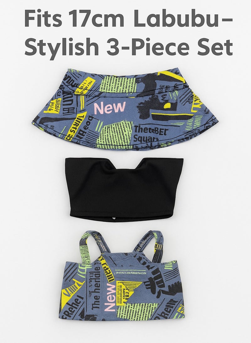 DECOR SOUQ 3-Piece Trendy Outfit for 17cm Labubu Doll – Stylish Doll Clothes Set with Printed Skirt, Crop Top & Suspenders | Trendy Mini Fashion Clothes for Labubu Figures | Easy Wear Soft Fabric | Labubu Accessories & Dress Up Play | Limited Stock - Image 2