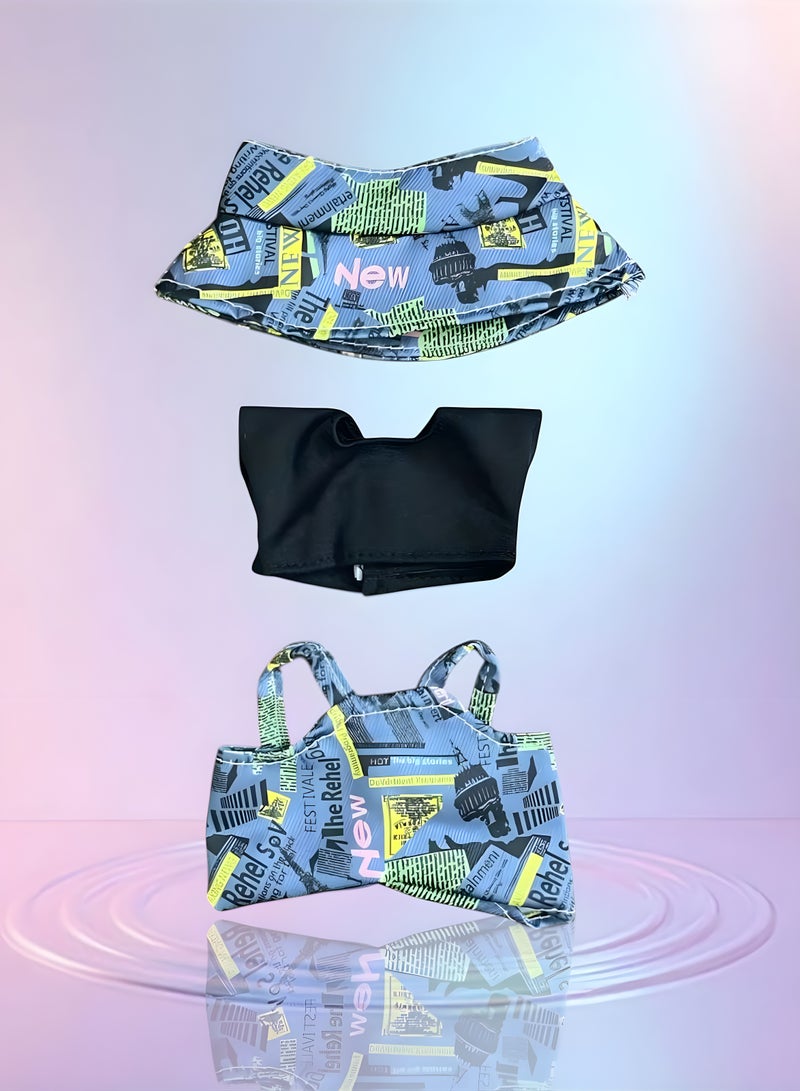 DECOR SOUQ 3-Piece Trendy Outfit for 17cm Labubu Doll – Stylish Doll Clothes Set with Printed Skirt, Crop Top & Suspenders | Trendy Mini Fashion Clothes for Labubu Figures | Easy Wear Soft Fabric | Labubu Accessories & Dress Up Play | Limited Stock - Image 4
