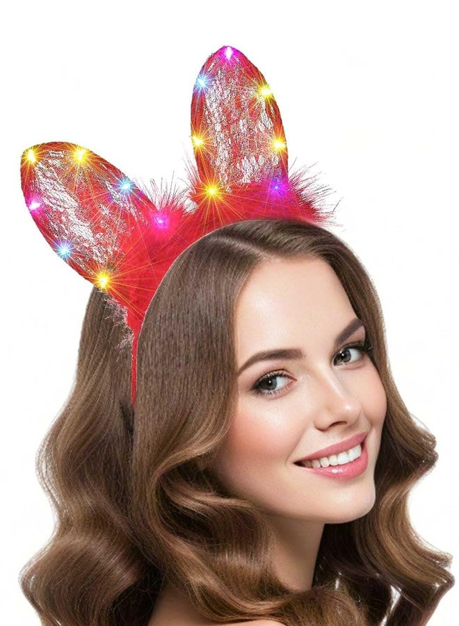 Foyte Cat Ears Headband Light Up Lace Hair bands Glowing Fluffy Head Bands Short Ears Hair Accessories for Women (Red, one-size) - Image 1