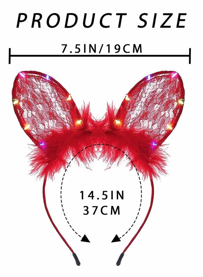 Foyte Cat Ears Headband Light Up Lace Hair bands Glowing Fluffy Head Bands Short Ears Hair Accessories for Women (Red, one-size) - Image 3