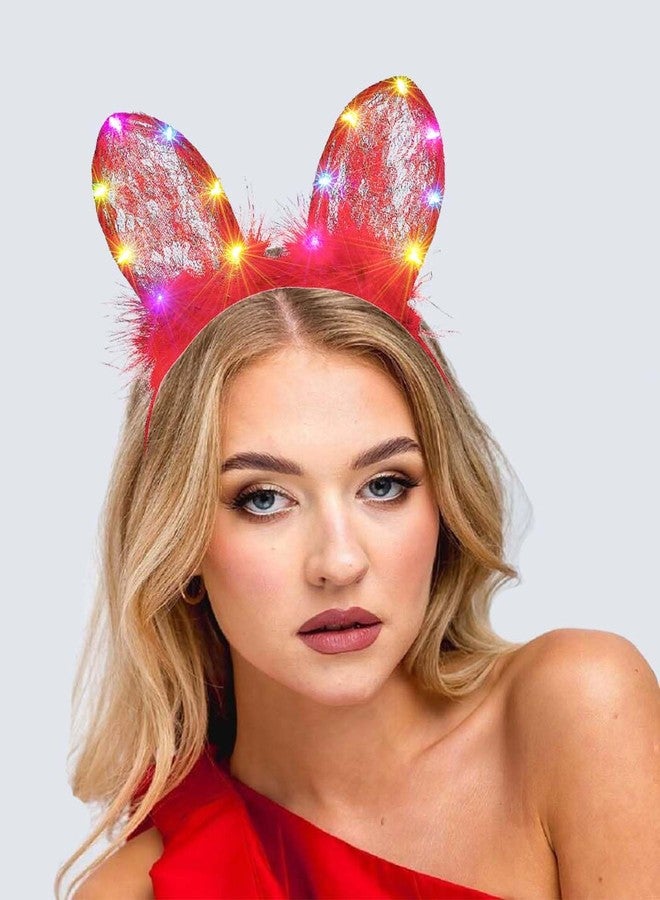 Foyte Cat Ears Headband Light Up Lace Hair bands Glowing Fluffy Head Bands Short Ears Hair Accessories for Women (Red, one-size) - Image 4