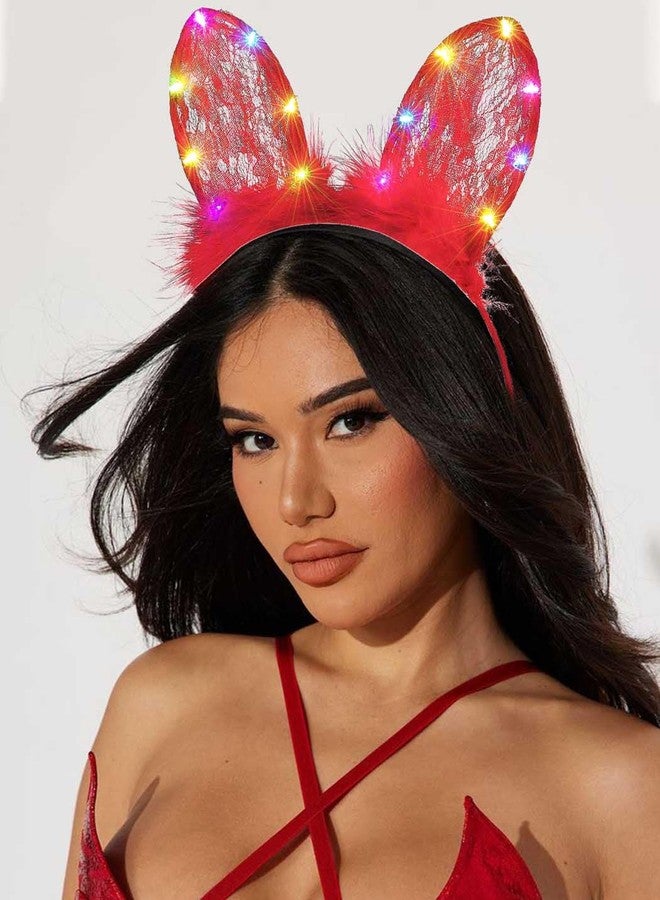 Foyte Cat Ears Headband Light Up Lace Hair bands Glowing Fluffy Head Bands Short Ears Hair Accessories for Women (Red, one-size) - Image 2