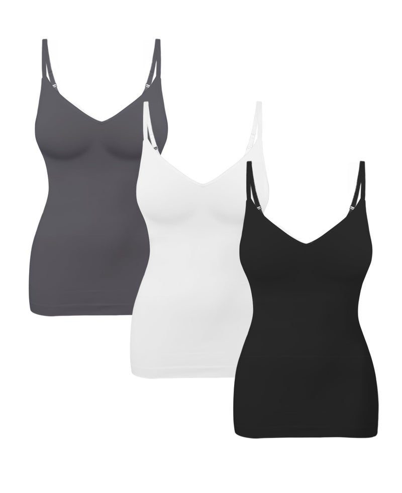 EUYZOU Womens 3PK Tummy Control Shapewear Tank Tops Seamless V-Neck Compression Tank Tops Body Shaper Camisole, Black/White/Grey L - Image 1