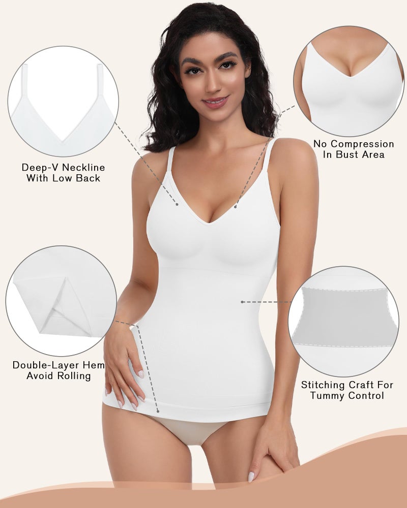 EUYZOU Womens 3PK Tummy Control Shapewear Tank Tops Seamless V-Neck Compression Tank Tops Body Shaper Camisole, Black/White/Grey L - Image 2