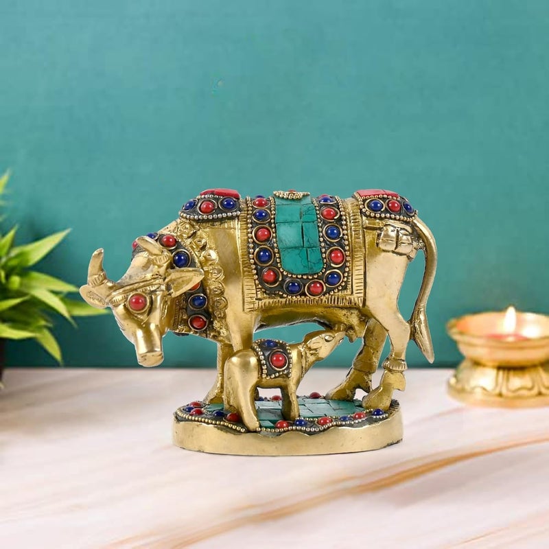 Pick End Now Multicolor Beautiful Brass Kamadhenu Cow with Calf Idol 900Gm Product Dimensions 55x25x4 Inches Idol - Image 2
