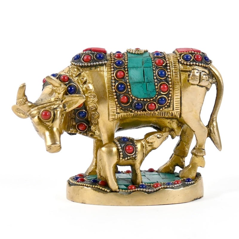 Pick End Now Multicolor Beautiful Brass Kamadhenu Cow with Calf Idol 900Gm Product Dimensions 55x25x4 Inches Idol - Image 1