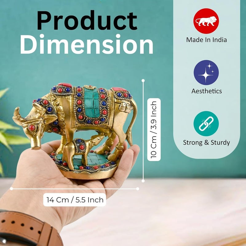 Pick End Now Multicolor Beautiful Brass Kamadhenu Cow with Calf Idol 900Gm Product Dimensions 55x25x4 Inches Idol - Image 4