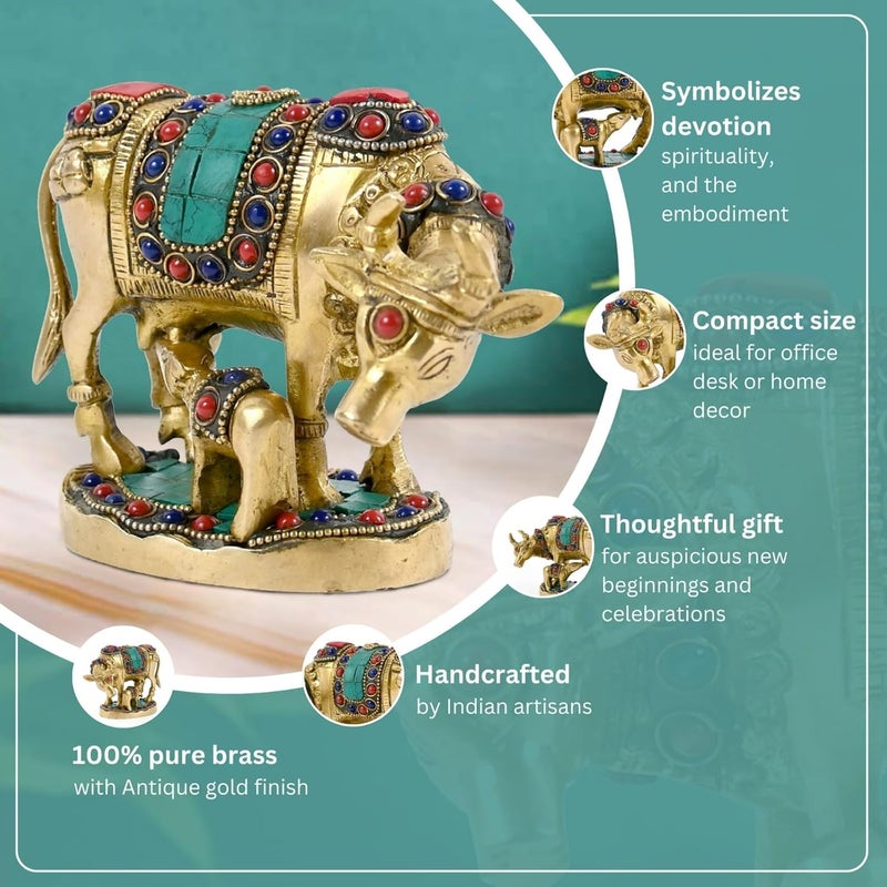 Pick End Now Multicolor Beautiful Brass Kamadhenu Cow with Calf Idol 900Gm Product Dimensions 55x25x4 Inches Idol - Image 5