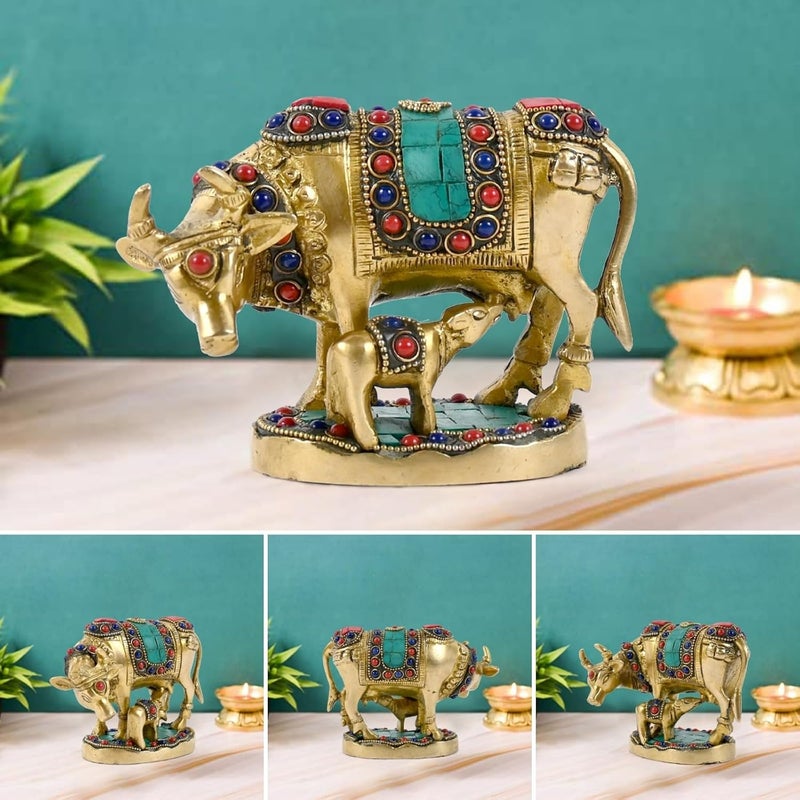 Pick End Now Multicolor Beautiful Brass Kamadhenu Cow with Calf Idol 900Gm Product Dimensions 55x25x4 Inches Idol - Image 3