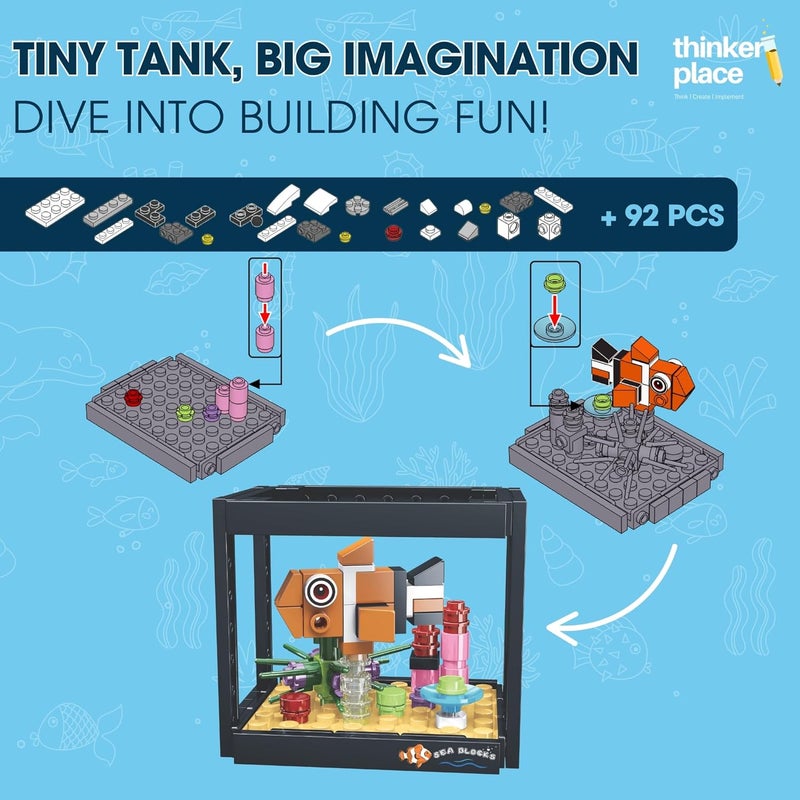ThinkerPlace 8-in-1 Dream Ocean Fish Tank Clownfish (92 Pieces) | Learn About Marine Life | Building Block Set for Kids Age 6+ | STEM Educational Toy | Build, Collect & Create a Big Fish Tank - Image 2