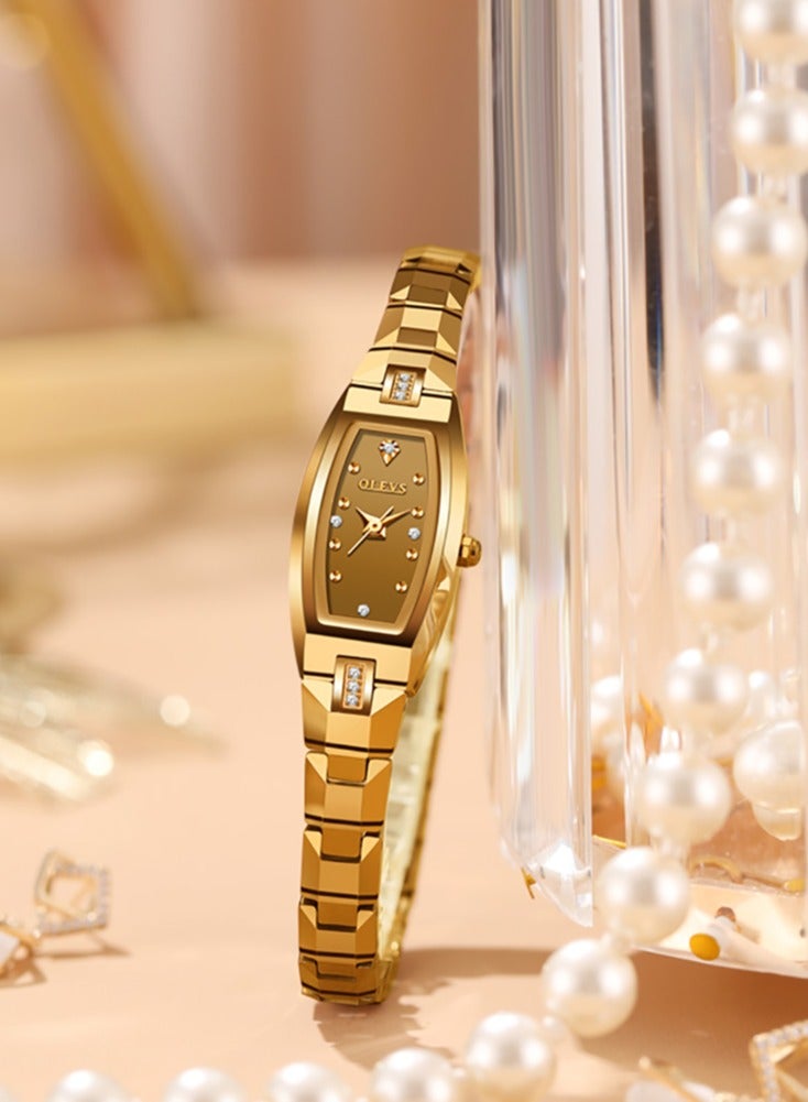 OLEVS Slim Thin Watch for Women Luxury Tungsten Steel Band Tonneau Design Square Shape Elegant Diamond Quartz Ladies Watch - Image 1