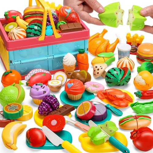 Cawiew 100 PCS Cutting Play Food Set For Kid Kitchen Storage Basket with Vegetable Fruit Toy For Toddler Boy Girl Fake Food Accessories Toys for Birthday Christmas Gift Pretend Cooking Playset for Child - Image 1