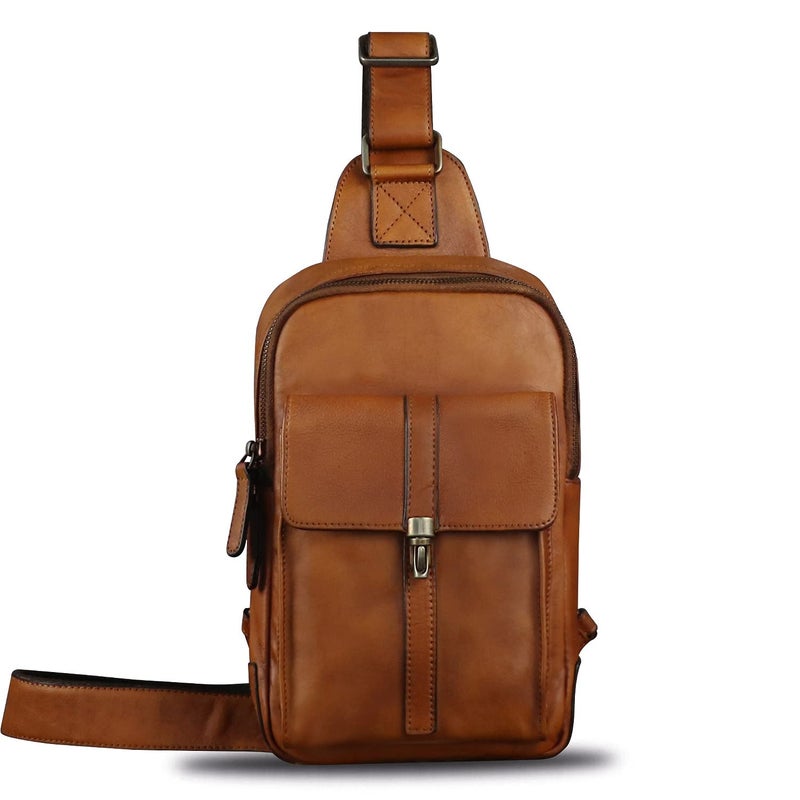 IVTG Genuine Leather Sling Bag Casual Shoulder Hiking Backpack Vintage Handmade Crossbody Bag Retro Chest Daypack (Brown) - Image 2