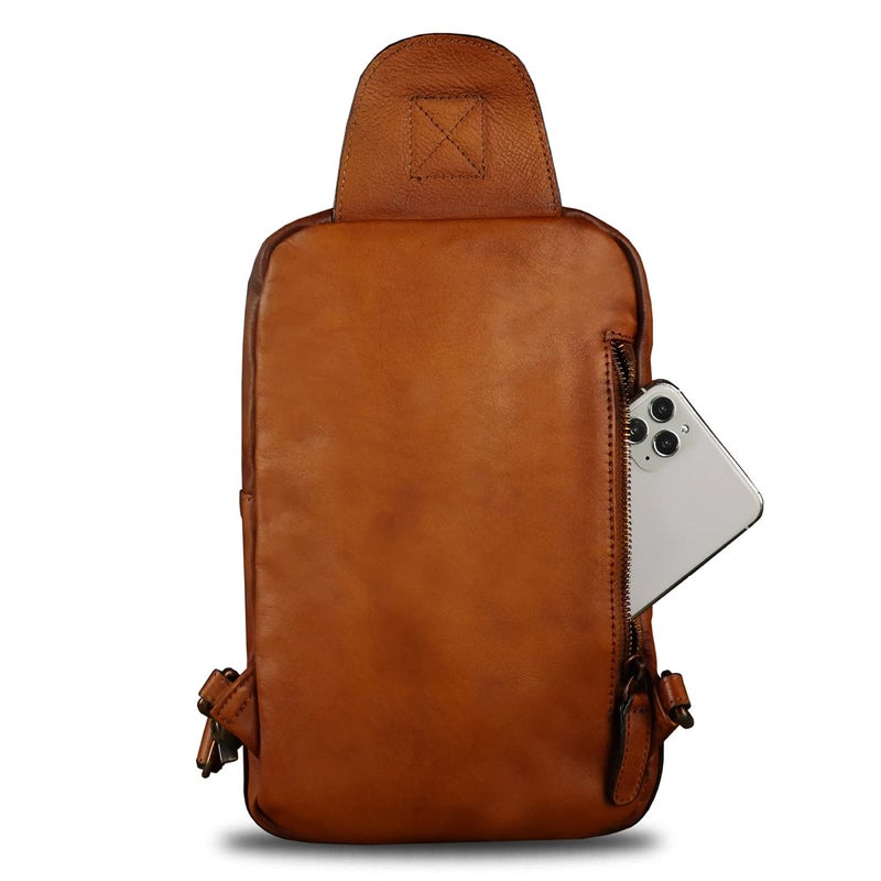 IVTG Genuine Leather Sling Bag Casual Shoulder Hiking Backpack Vintage Handmade Crossbody Bag Retro Chest Daypack (Brown) - Image 3