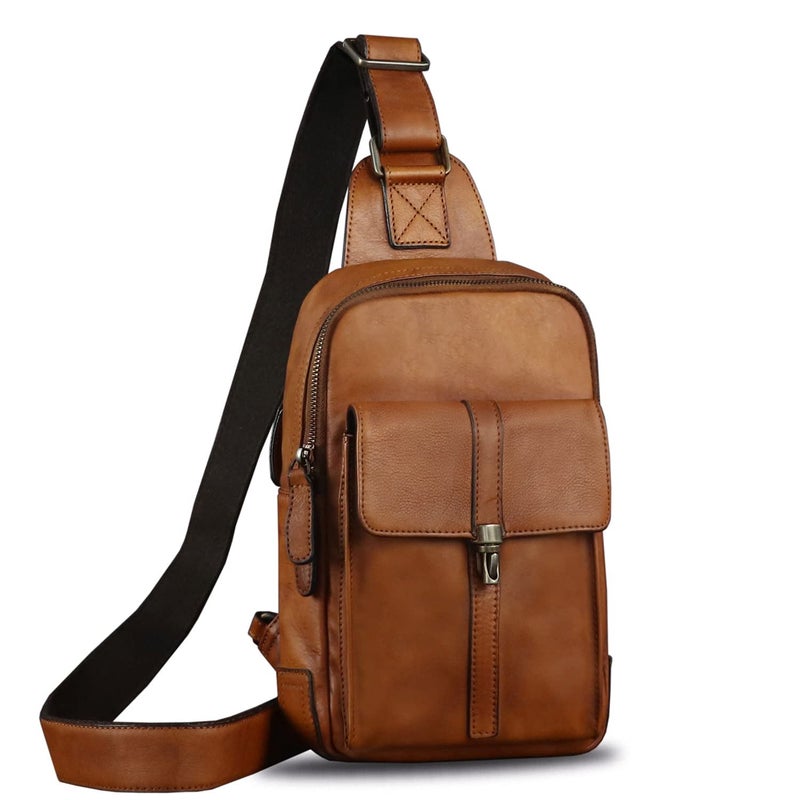 IVTG Genuine Leather Sling Bag Casual Shoulder Hiking Backpack Vintage Handmade Crossbody Bag Retro Chest Daypack (Brown) - Image 1