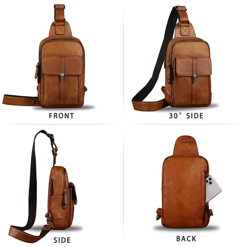 IVTG Genuine Leather Sling Bag Casual Shoulder Hiking Backpack Vintage Handmade Crossbody Bag Retro Chest Daypack (Brown) - Image 4